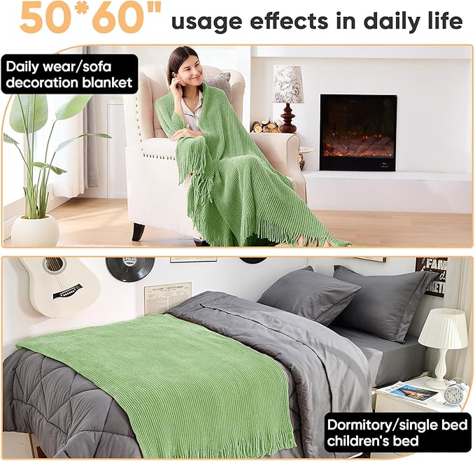 inhand Knitted Basil Throw Blanket for Couch Bed,Chunky Chenille Woven Soft Warm Christmas Blankets Gifts for Women with Tassels,Lightweight Cozy Boho Farmhouse Fall Winter Decor,50"x60",Medium Thick