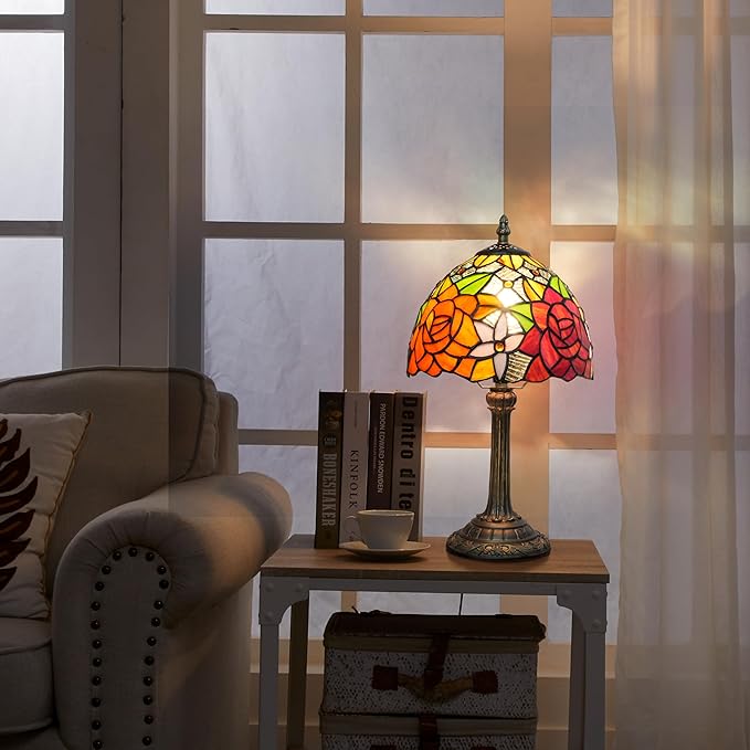 8 Inch Tiffany Stained Glass Lamp, Red And Orange Rose Flower Design, Victorian Vintage Style Bedside Lamp, Suitable For Bedroom Dining Room Office Hotel And Other Home Decoration (Gorgeous Rose)