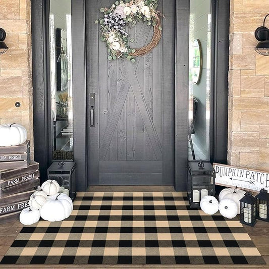 KOZYFLY Buffalo Plaid Area Rug 4 x 6 Ft Brown and Black Checkered Rug Washable Outdoor Rugs Cotton Rugs for Bedroom Front Door Mat Carpet for Front Porch Living Room Dining Room Kitchen