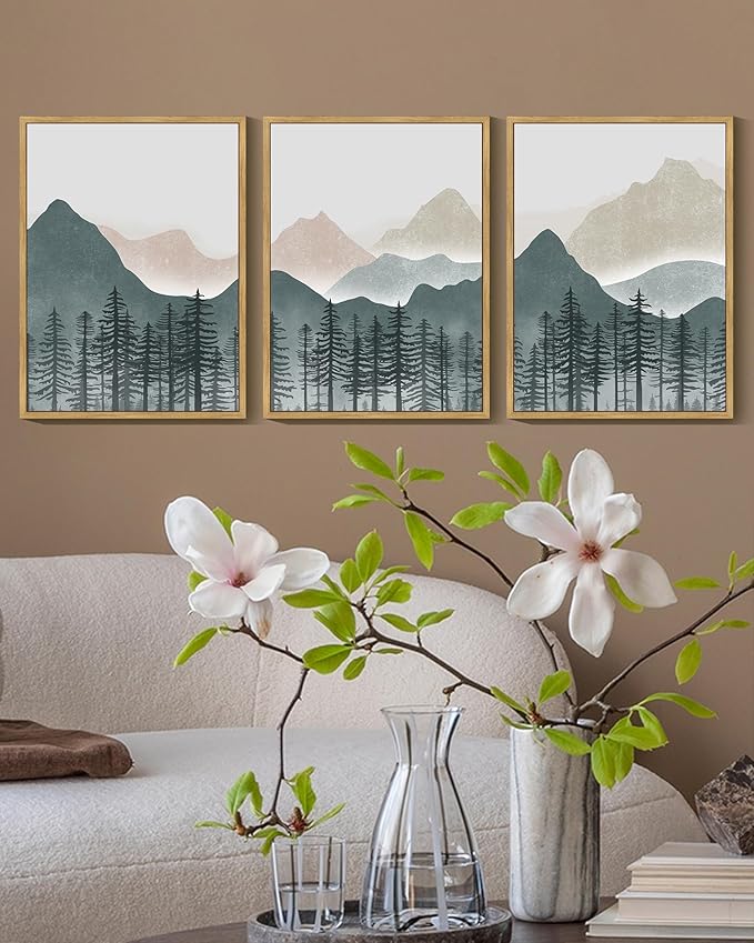 KUVIOKE Mountain Landscape Framed Wall Art Boho Nature Forest Paints Rustic Farmhouse Decor for Bedroom Dining Room Living Room 11x14in (Natural Framed)