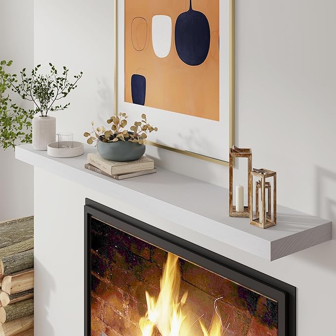 Axeman Floating Shelves, 8 Inch Deep Rustic Solid Wood Wall Shelves for Storage, Wall Mounted Display Shelving with Invisible Heavy-Duty Metal Bracket, 48" W x 8" D x 1.6" H, Distressed White