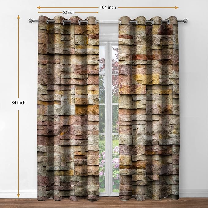Jekeno Retro Brick Marble Blackout Curtains Colorful Brick Slate Stone Wall Rocks Featured Facade Design Home Bedroom Living Room Decor Brown Grommet Window Drapes 2 Panel Set, 52"x84"