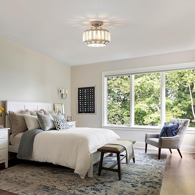 Rustic Crystal Ceiling Light, Semi Flush Mount Ceiling Light in Vintage Brass Finish, Modern Light Fixture for Bedroom, Hallway, Entryway, or Living Room