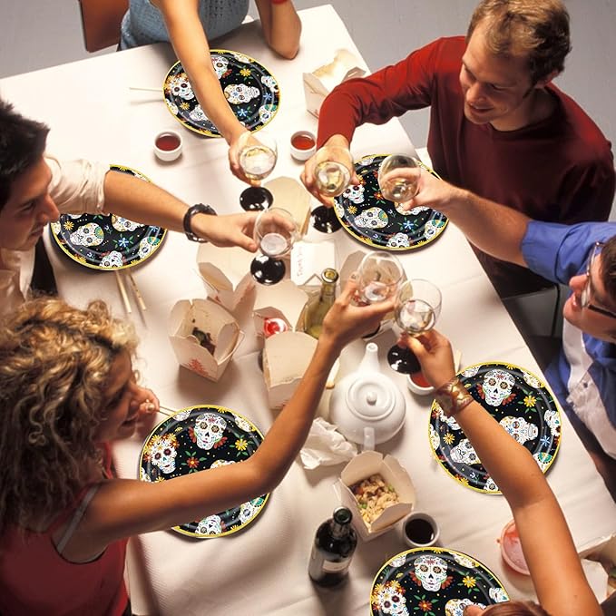 180Pcs Day of the Dead Party Supplies Paper Plates and Napkins Serve 60 Disposable Tableware Set for Birthday Party Decorations Game Day Family School Holiday Sports Events