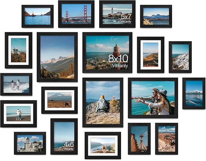 Vittanly Picture Frames Set of 20, Picture Frames Collage Wall Decor for Wall Mounting or Tabletop Display, Gallery Wall Frame Set with 4Pcs 8x10, 8Pcs 5x7 and 8Pcs 4x6, Black