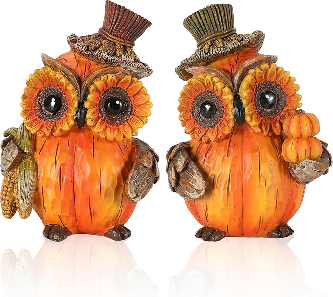 2-Pack Resin Owl Figurine 4.7'' - Thanksgiving Table Decor Harvest Pumpkins Corns Decorations Indoor Autumn Centerpieces Favors Gifts for Women All Ages