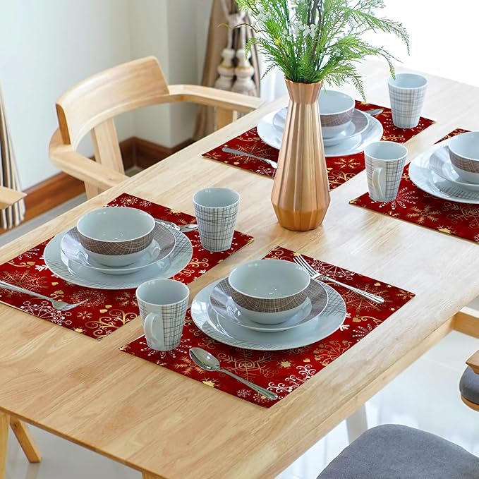 Red Snowflake Placemats 12×18 Inches Set of 4 Holiday Indoor Kitchen Dining Table Place Mats for Home Party Decoration