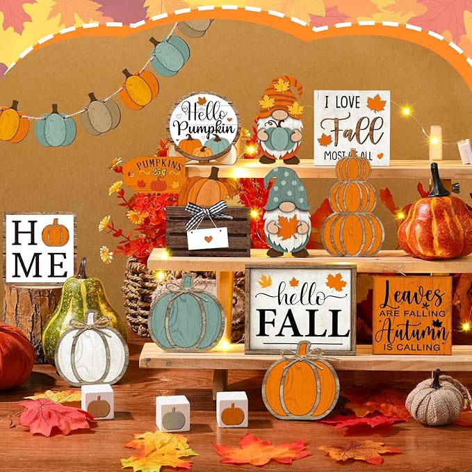 21 Pcs Fall Tiered Tray Decoration Set Thanksgiving Table Sign Pumpkins Farmhouse Decor Gnome Maple Leaves Centerpieces Harvest Wood Blocks Signs Fall Block Tabletop for Autumn(Pumpkin)