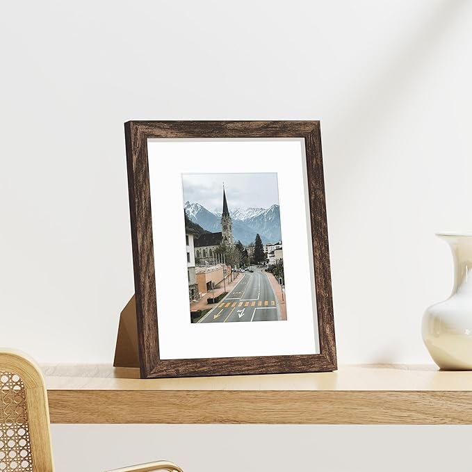 Vittanly 8x10 Picture Frames Set of 9, Shatter Resistant Plexiglass, Display 5x7 Pictures with Mat or 8x10 without Mat, Photo Frames for Wall or Tabletop, Engineered Wood, Brown