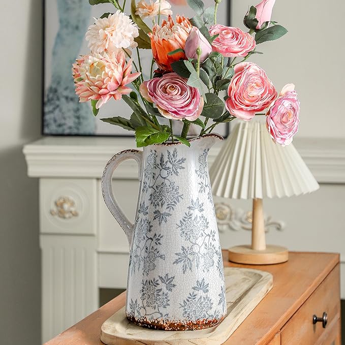 Enra Blue and White vase with Handle,12.2 inch Ceramic Vintage Decorative Flower Pitcher vase, Chinoiserie Floral Vase,Large Rustic Vases for Home Decors, Living Room, Bookshelf, Office