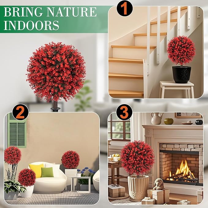 Set of 2 Artificial Red Boxwood Topiary Ball Bush for Outdoor with Ground Spike 22", UV Resistant Faux Greenery Shrubs, Fake Red&Green Boxwood Plants for Garden, Yard, Porch, Patio Decor