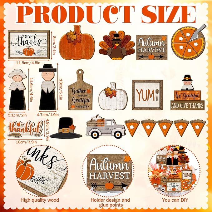 21 Pcs Fall Tiered Tray Decoration Set Thanksgiving Table Sign Pumpkins Farmhouse Decor Gnome Maple Leaves Centerpieces Harvest Wood Blocks Signs Fall Block Tabletop for Autumn(Fresh)