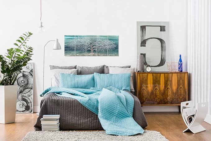 Yihui Arts Large Metal Wall Art Handcrafted Aesthetic Tree Pictures on Aluminum 5 Panels Teal and Silver Abstract Landscpae Artwork for Living Room Bedroom Dinning Decor