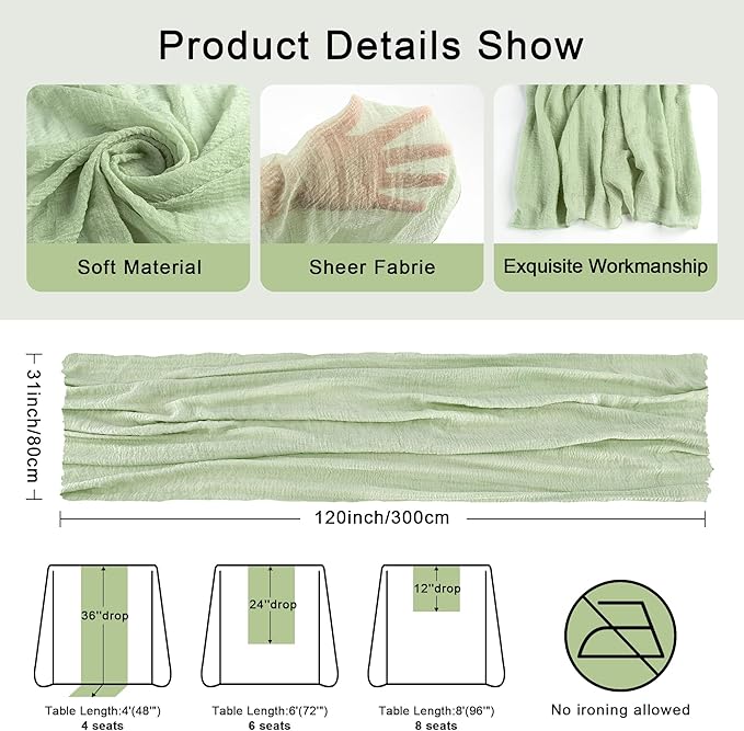 FEXIA Table Runner Sage Green Cheesecloth Table Runner 30x118 Inches for Baby Shower Decorations Spring Easter Decor Rustic Gauze for Wedding Bridal Shower First Communion Home Decor