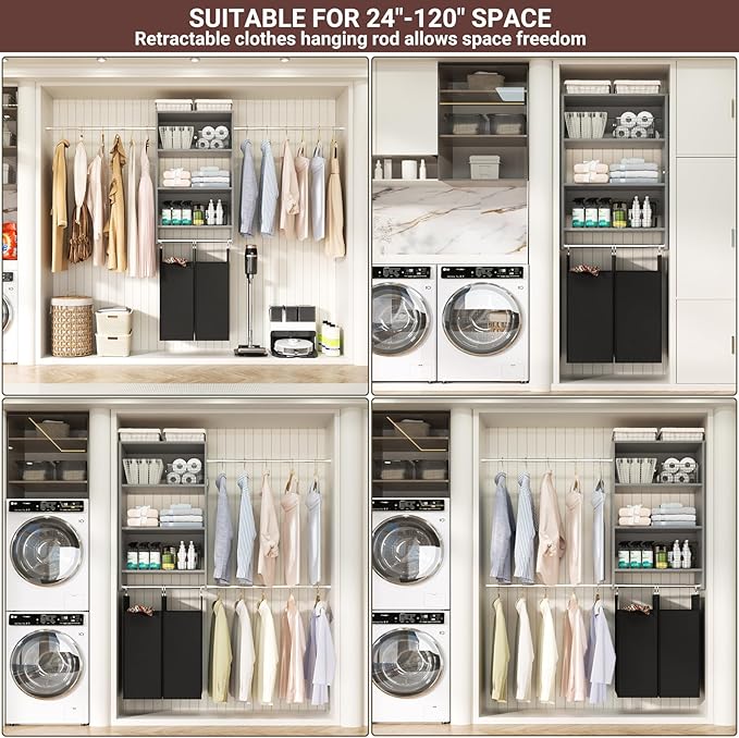 Hanging Closet System with 2 Laundry Hampers, Wood Closet Organizer System with Towers and Hanging Rods, Fits 2-10 Ft. Wall Mounted Closet Systems for Walk-in Closet, Laundry Room, Grey