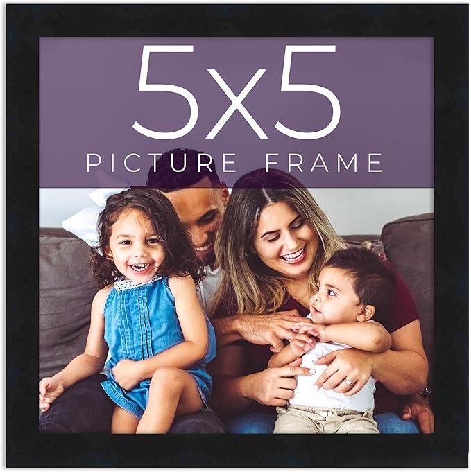 5x5 in Frame Black Real Wood Picture Frame Width 0.75 Inches | Interior Frame Depth 0.5 Inches | Black Mid Century Photo Frame Complete with UV Acrylic, Foam Board Backing & Hanging Hardware
