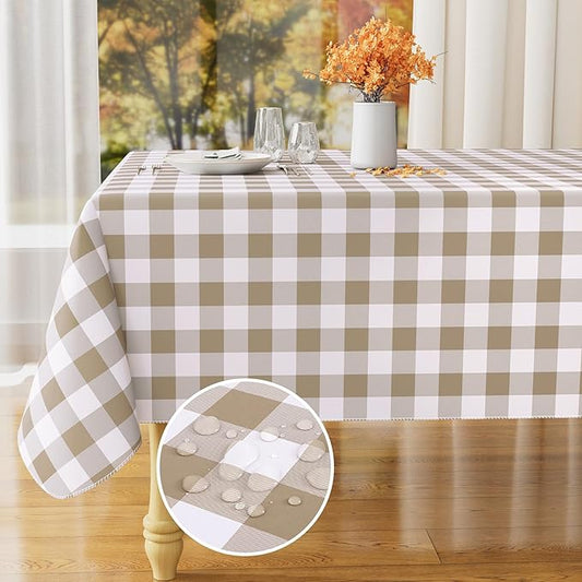 misaya Rectangle Waterproof Vinyl Table Cloth, Buffalo Flannel Backed Tablecloth, Wipeable Plastic Table Cover for Fall, Thanksgiving (54" x 78", Khaki and White)