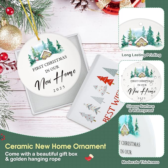 D4DREAM New Home Ornament 2025-3'' Ceramic First Christmas in Our New Home Ornaments Christmas Housewarming Gift for Women Couple Friends Home Car Decor Newhouse Owners Gift Ideas