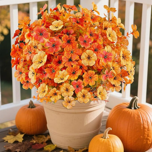 AGIRL 16 Bundles Artificial Fall Flowers Outdoor Indoor Decoration,No Fade Autumn Fake Plastic Plants with Eucalyptus Leaves,Faux Mums for Thanksgiving Garden Front Door Porch Patio Fall Decor