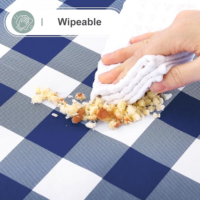 misaya Rectangle Waterproof Vinyl Table Cloth, Buffalo Flannel Backed Tablecloth, Wipeable Plastic Table Cover for Dinner, Kitchen, Outdoor (60" x 102", White and Navy)
