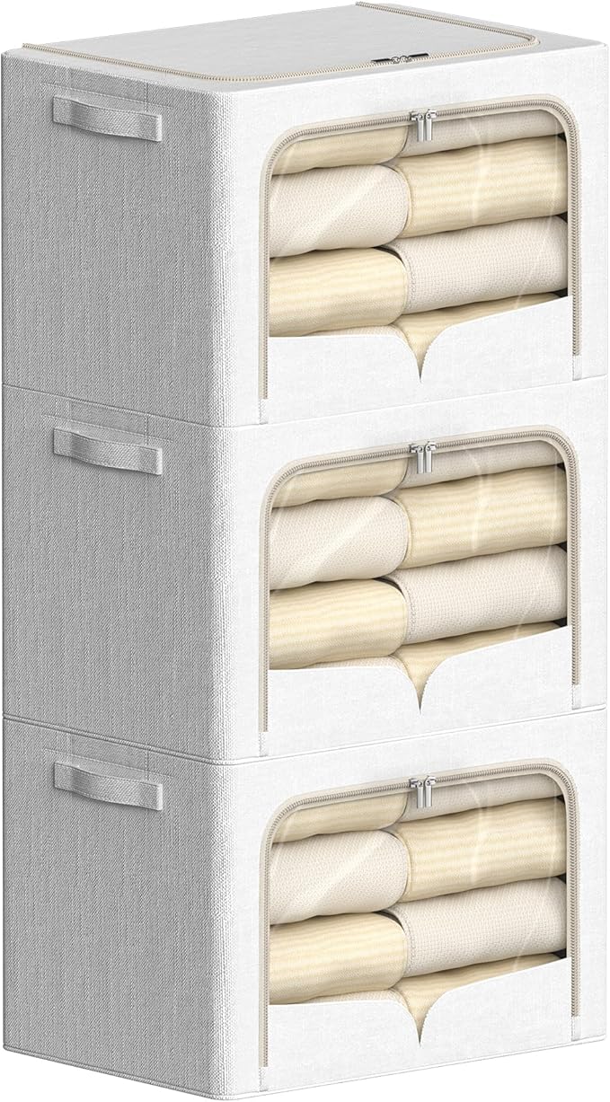 3 Pack Clothes Storage Bins - Foldable Metal Frame Storage Box - Stackable Linen Fabric Container Organizer Set with Carrying Handles and Clear Window (Cream White, 19.7x15.7x13inch(66L))