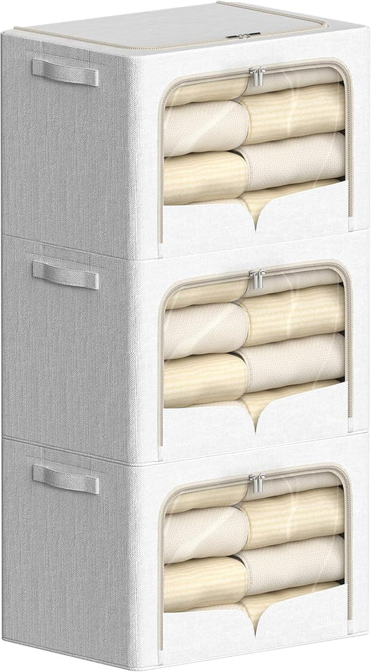 3 Pack Clothes Storage Bins - Foldable Metal Frame Storage Box - Stackable Linen Fabric Container Organizer Set with Carrying Handles and Clear Window (Cream White, 19.7x15.7x13inch(66L))