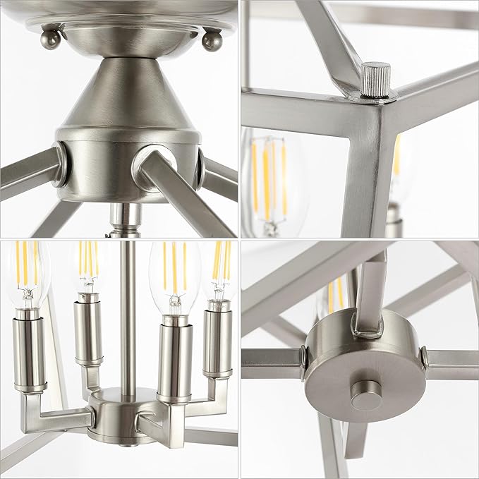 JONATHAN Y JYL7610D Plains Mini Lantern 12" 4-Light Iron Modern Farmhouse LED Flush Mount, Office, Living Room, Family Room, Dining Room, Bedroom, Hallway, Foyer, Nickel