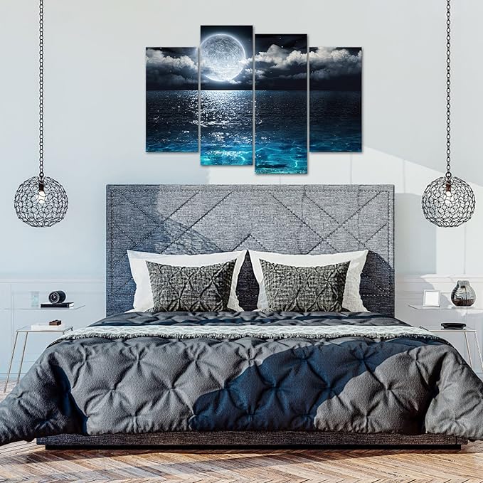Saypeacher Full Moon Canvas Wall Art Ocean and Moon Photo Pictures Prints Night Sky Landscape Painting