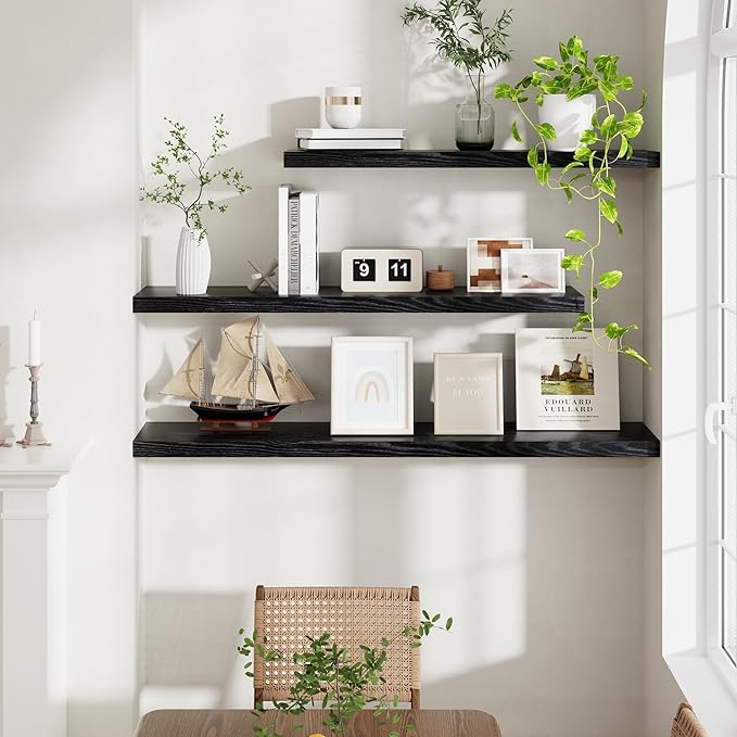 Fun Memories Black Floating Shelves 48 Inch Long, Wood Wall Shelves 48x9.3x1.5, 9.3 Inch Deep Floating Shelf for Wall, Large Black Shelves for Home Decor & Storage, Set of 2