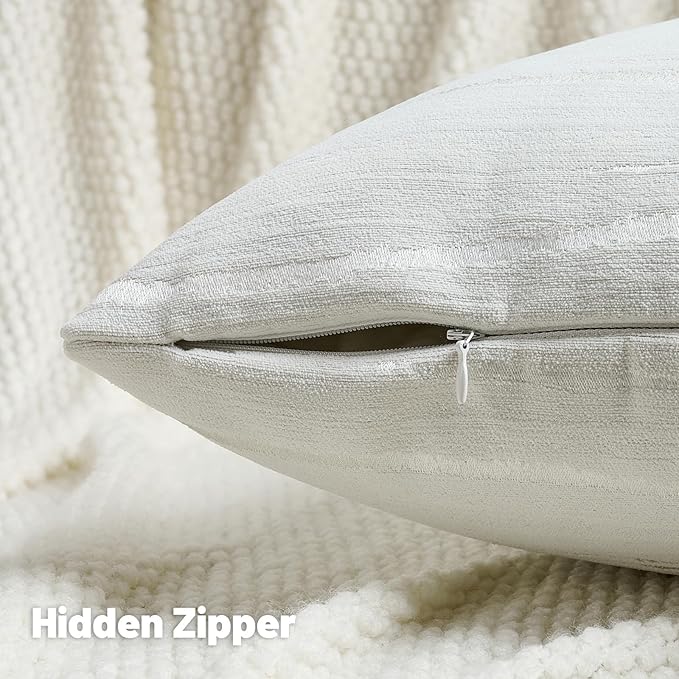 FUTEI White Chenille Decorative Throw Pillow Covers 24x24 Inch Set of 2,Soft Embossed Striped Textured European Cushion Case,Modern Home Decor for Couch Bed Living Room