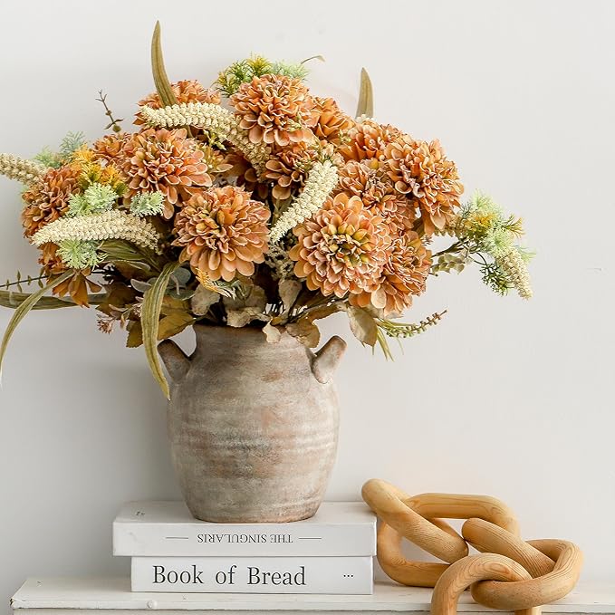 Ceramic Flower Vase Home Decor - Farmhouse Table Vases with Handle Living Room Decoration Vintage Decorative Aesthetic for Shelf Coffee Dining Desk House Bookshelf Fireplace (7.1" Retro)