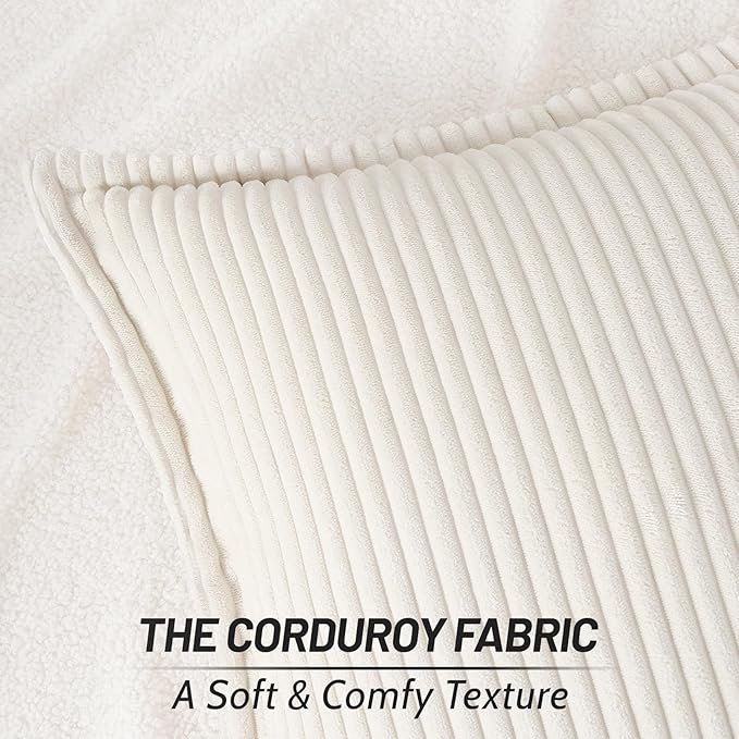 Mecatny Corduroy Throw Pillow Covers 12x20 Set of 2, Neutral Decorative Soft Boho Lumbar Couch Pillow Covers with Broadside for Sofa Living Room, Cream White