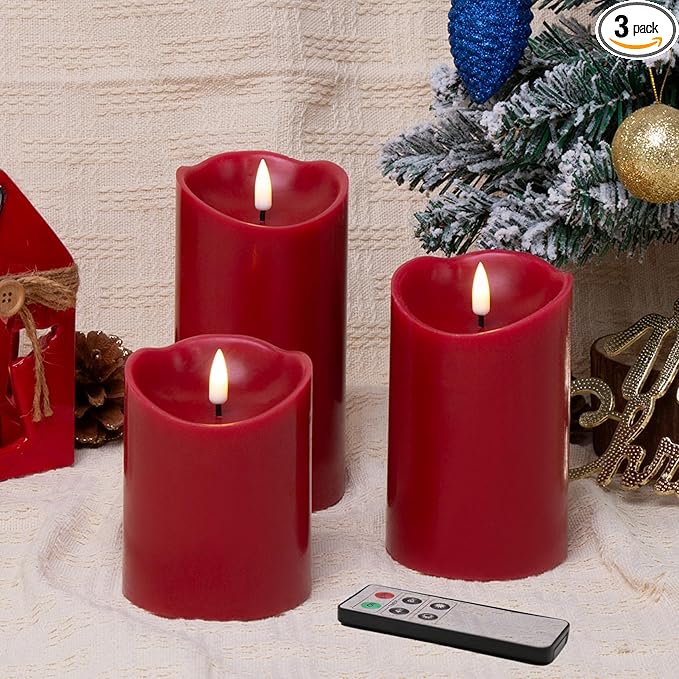 Eywamage Red Flameless LED Pillar Candles with Remote, Real Wax Flickering Battery Operated Christmas Candles Set of 3