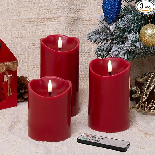 Eywamage Red Flameless LED Pillar Candles with Remote, Real Wax Flickering Battery Operated Christmas Candles Set of 3