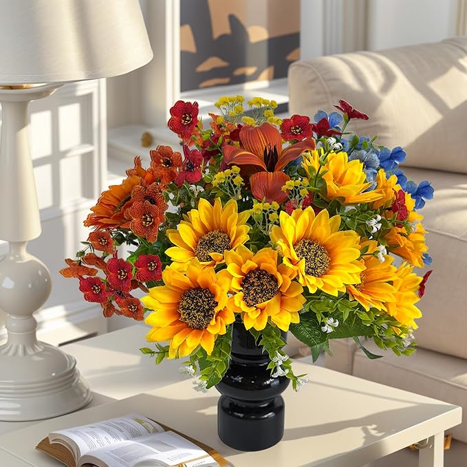 Fake Flowers with Vase, Sunflowers Artificial Flowers, Faux Flowers in Vase for Centerpiece Table Decorations, Fall Fake Plant Silk floral arrangements for Home Coffee Kitchen Dining Table Decor