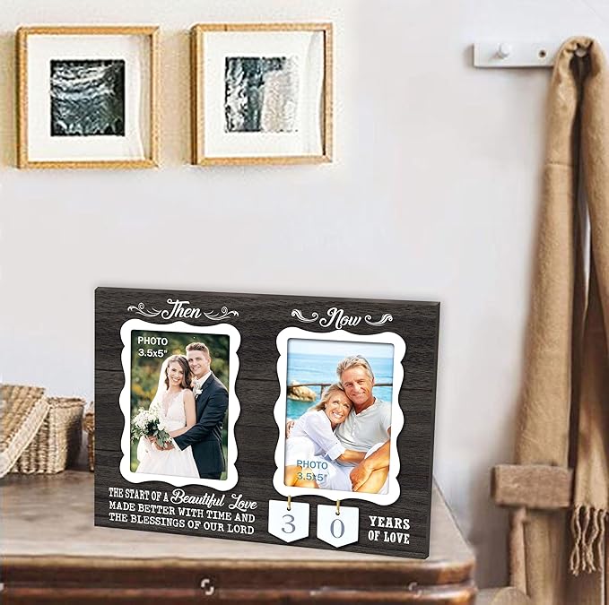 Then & Now Double Picture Frame Holds 3.5x5 Inches,1-99 Years of Love Anniversary Wedding Marriage Gifts for Couples - Christian Home Bedroom Decor for Wife and Husband