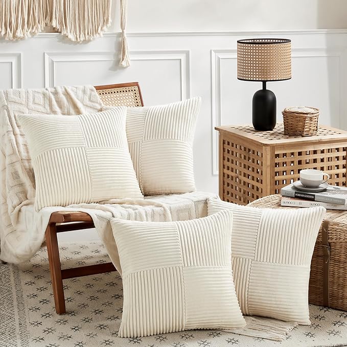 Fancy Homi 4 Packs Cream Decorative Throw Pillow Covers 16x16 Inch for Living Room Couch Bed Sofa, Rustic Farmhouse Boho Home Decor, Soft Cross Patchwork Corduroy Textured Square Cushion Case 40x40 cm