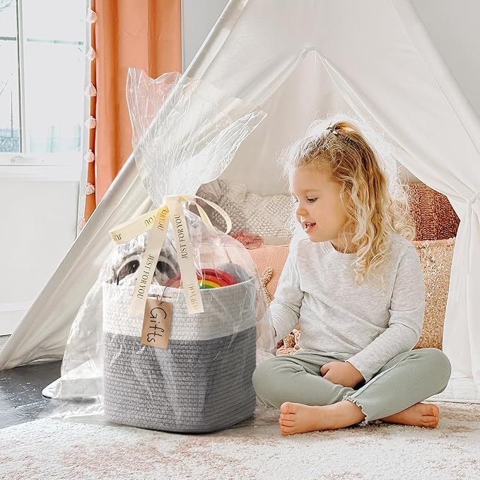 INDRESSME 11x11 Cube Storage Bins, 3-Pack Rope Woven Basket for Organizing Cube Toy Baskets Storage Kids, Square Baskets for Cloth Towel, Book Basket, Bathroom, White & Grey