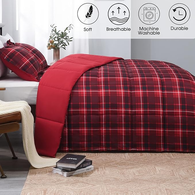 Basic Beyond Queen Comforter Set - Red and Black Buffalo Plaid Comforter Set Queen Down Alternative Bed Comforter Queen Set for All Season(1 Comforter with 2 Pillow Shams, 88" x 92")