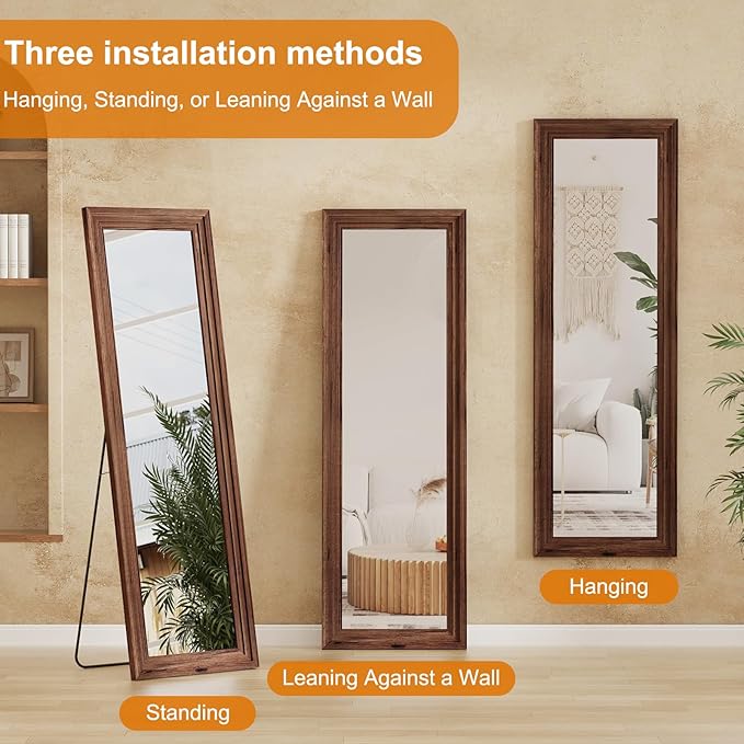 Full Length Mirror,65x22 Inch Full Length Mirror Wall Mounted,Vertical Hanging,Leaning Standing for Bedroom,Living Room,Rectangular Wooden Frame,Wood Brown Color.