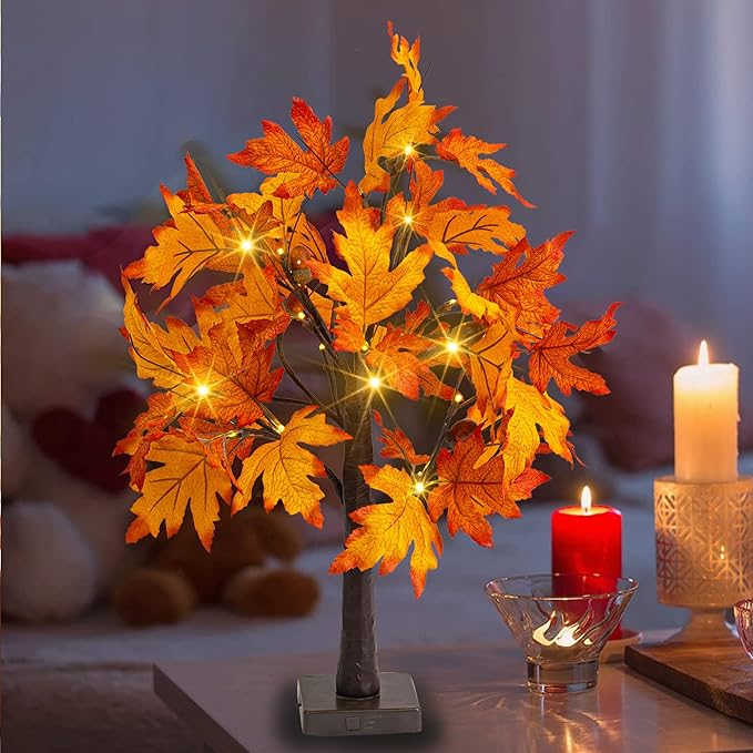Dazzle Bright 2 Pack 24 Inch Lighted Thanksgiving Fall Maple Tree Decor, 24 LED Battery Operated Decorations Artificial Tree with Timer for Indoor Home Room Holiday Xmas Party