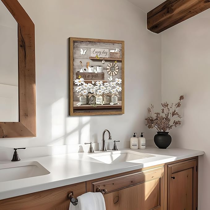 Wood Framed Farmhouse Bathroom Wall Art, Vintage Rustic Daisy Canvas Wall Decor Paintings, Flower Butterfly Inspirational Posters Prints Pictures Artwork for Bathroom Bedroom Living Room 12x16 Inch