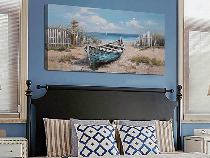 Ardemy Blue Coastal Canvas Wall Art for Living Room Textured Beach Painting Turquoise Teal Bedroom Picture Modern Boat Artwork Framed Home Office Kitchen Wall Decor, Extra Large 58"x29"
