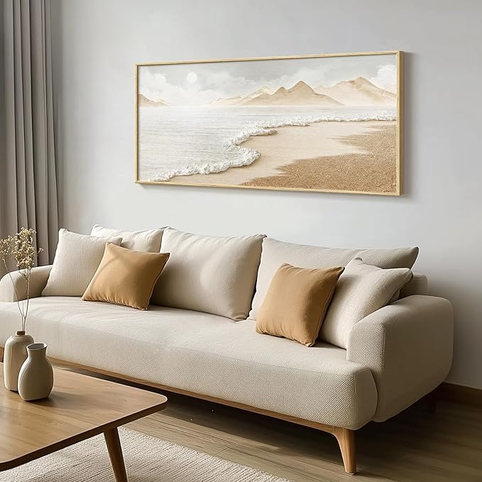 Framed Boho Coastal Beach Wall Art for Living Room, Extra Large Neutral Ocean Canvas Artworks for Walls, Horizontal Abstract Minimalist Coastal Art Print for Bedroom Kitchen Office Walls, 30x60 Inch