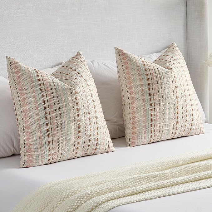 FUTEI Pink Blue Decorative Throw Pillow Covers 24x24 Inch Set of 2,Soft Cozy Chenille Jacquard Textured Euro Pillow Shams,Boho Home Decor for Couch Bed Living Room