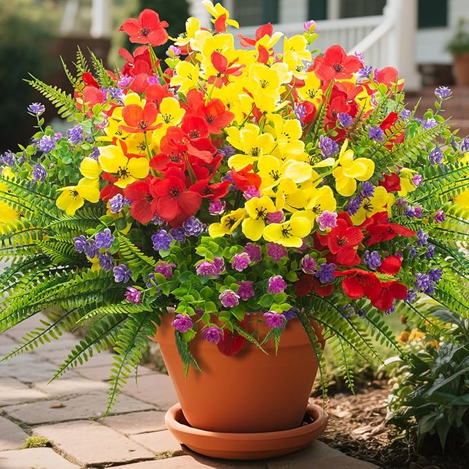 20 Packs Artificial Flowers Outdoor, Faux Plants UV Resistant Plastic Greenery for Hanging Planter Porch Window Home Wedding Spring Summer Decor