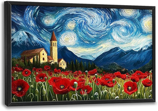 Starry Night Framed Wall Art for Living Room, Large Poppies Canvas Wall Decor, Vintage Red Flowers Pictures Painting, Modern Landscape Artwork for Bathroom Bedroom 36L'' × 24W''
