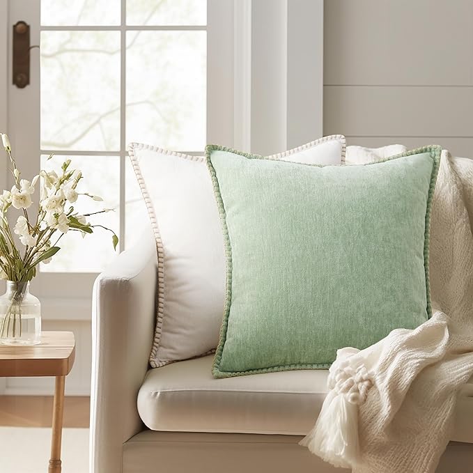 decorUhome Christmas Chenille Soft Throw Pillow Covers 18x18 Set of 2, Farmhouse Velvet Neutral Decorative Euro Pillow Covers with Stitched Edge for Couch Sofa Bed Home Decor, Sage Green