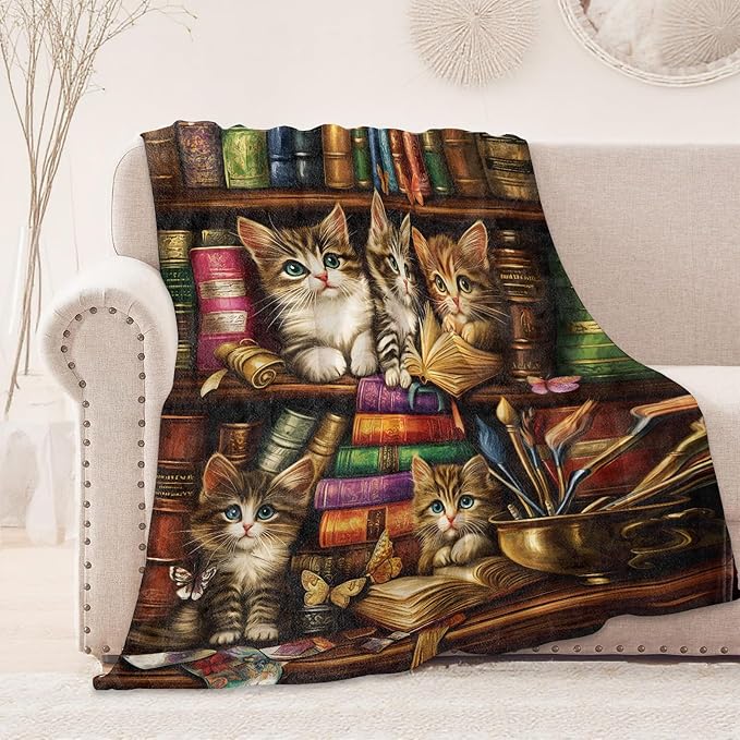 Bookcase Kitten Blanket, Cozy Flannel Cute Cats with Books Throw Blanket, Soft Fuzzy Blankets for Travel Home Decor, All Season Lightweight Couch Bed Cover, Gifts for Women Adults Kids 40"×50"