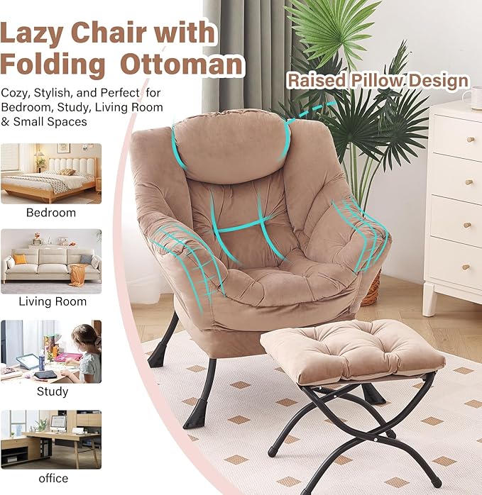 Lazy Chair with Ottoman, Modern Chair with Folding Footrest, Lounge Accent Chair, Comfortable Reading Chair, Oversized Armchairs for Bedroom, Study, Living Room, Courtyard (Khaki)